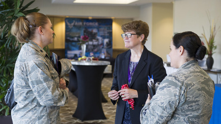 General Janet Wolfenbarger (Retired) speaking with Patrick AFB officers
